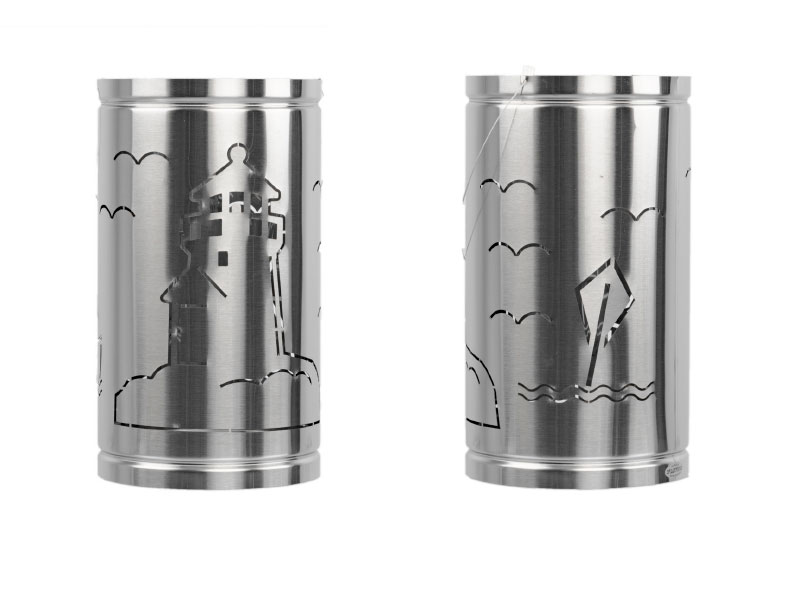 Laterne Edelstahl mit Leuchtturm, Segelboot & Möwen Motiv