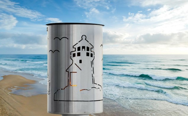 Laterne Edelstahl mit Leuchtturm, Segelboot & Möwen Motiv – Bild 4